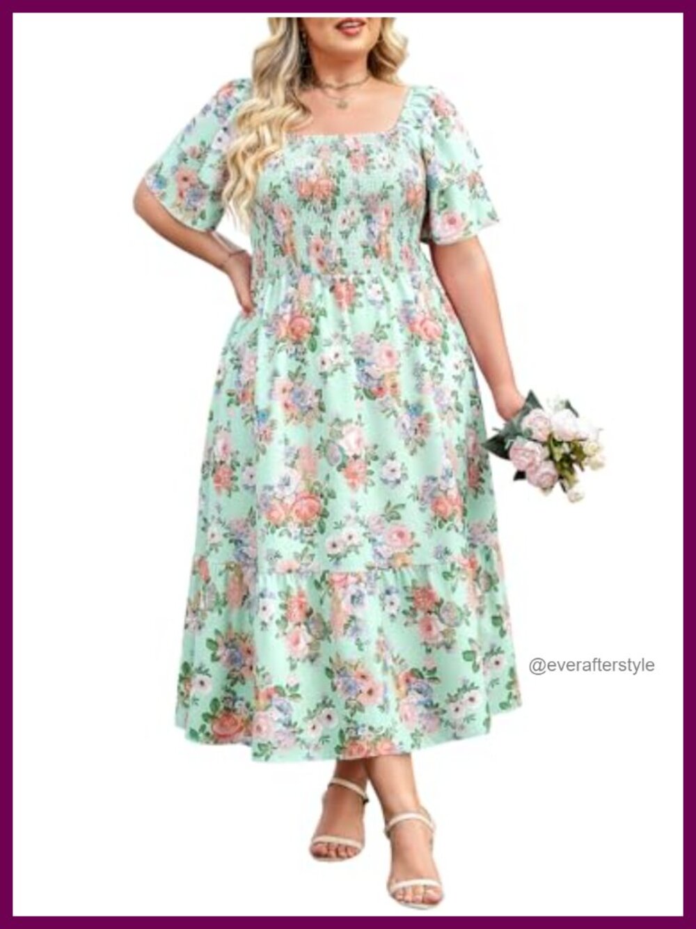 Plus Size Smocked Wedding Guest Midi Dress Ruffle Sleeve Pockets